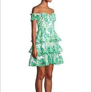 LILLY PULITZER Cicely Green Eyelet Off Shoulder Tiered Ruffle Party Mini Dress